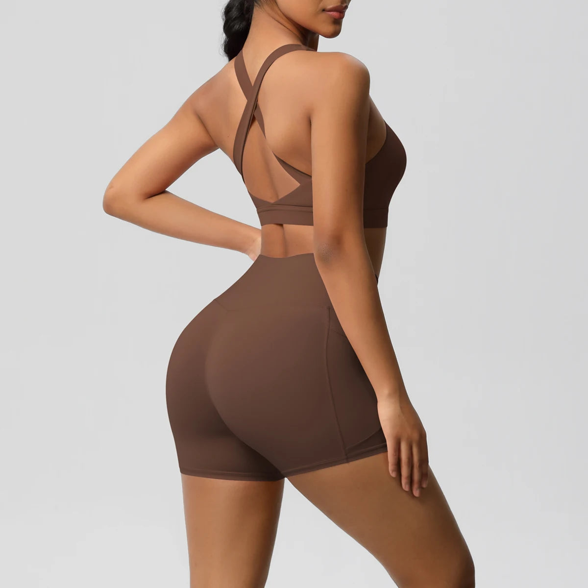 Ropa deportiva con bolsillo para mujer, conjunto de Yoga, ropa de gimnasio, trajes de Yoga para mujer, chándales, pantalones cortos deportivos, sujetador cruzado, mallas de gimnasio, 2 uds.