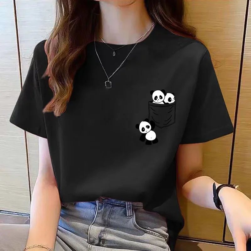 Top de manga corta para mujer, novedad de verano, Camiseta con estampado de dibujos animados de Panda de bolsillo, Tops de moda coreana para mujer, camiseta holgada con cuello redondo para mujer