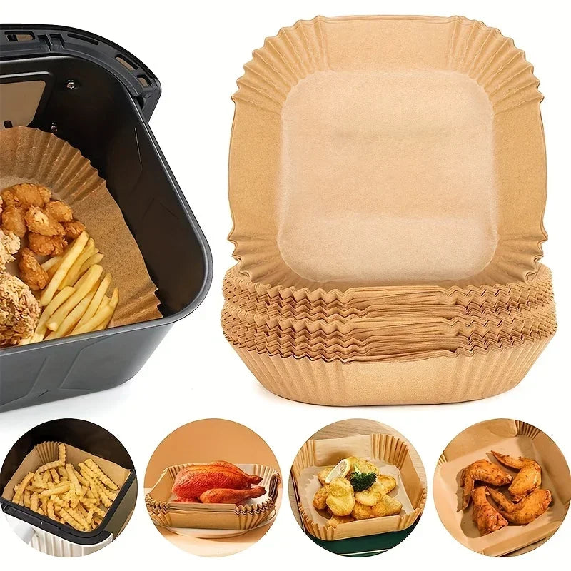 Bandeja de papel especial para freidora de aire, almohadilla de papel absorbente de aceite resistente a altas temperaturas, papel cuadrado para hornear, cocina, 50/100 Uds.