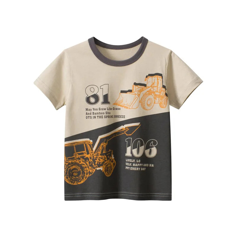 Camisetas cortas de manga corta para niños, 2023 algodón, oso, coche, animales, dibujos animados, Top deportivo informal, 100%