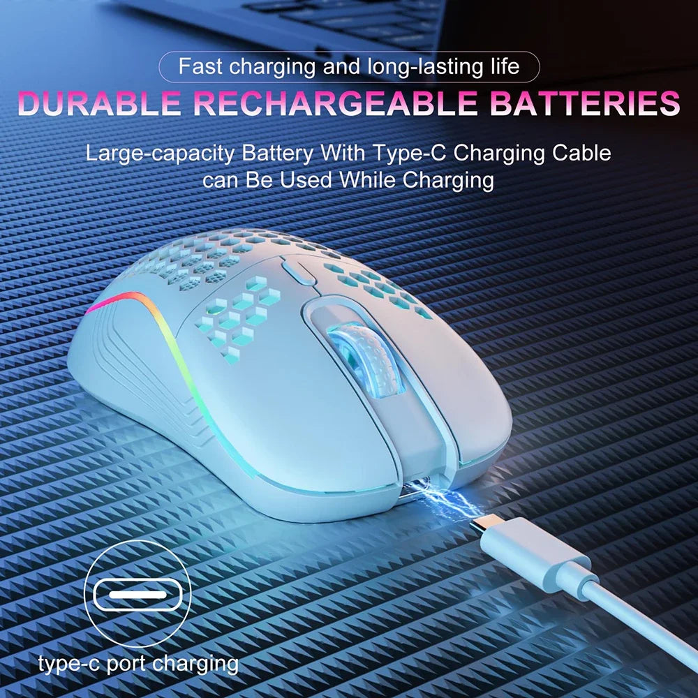 Ratón inalámbrico RGB 2,4G para juegos, ratón de carga con iluminación RGB y diseño ergonómico de panal de DPI ajustable para ordenador portátil de escritorio