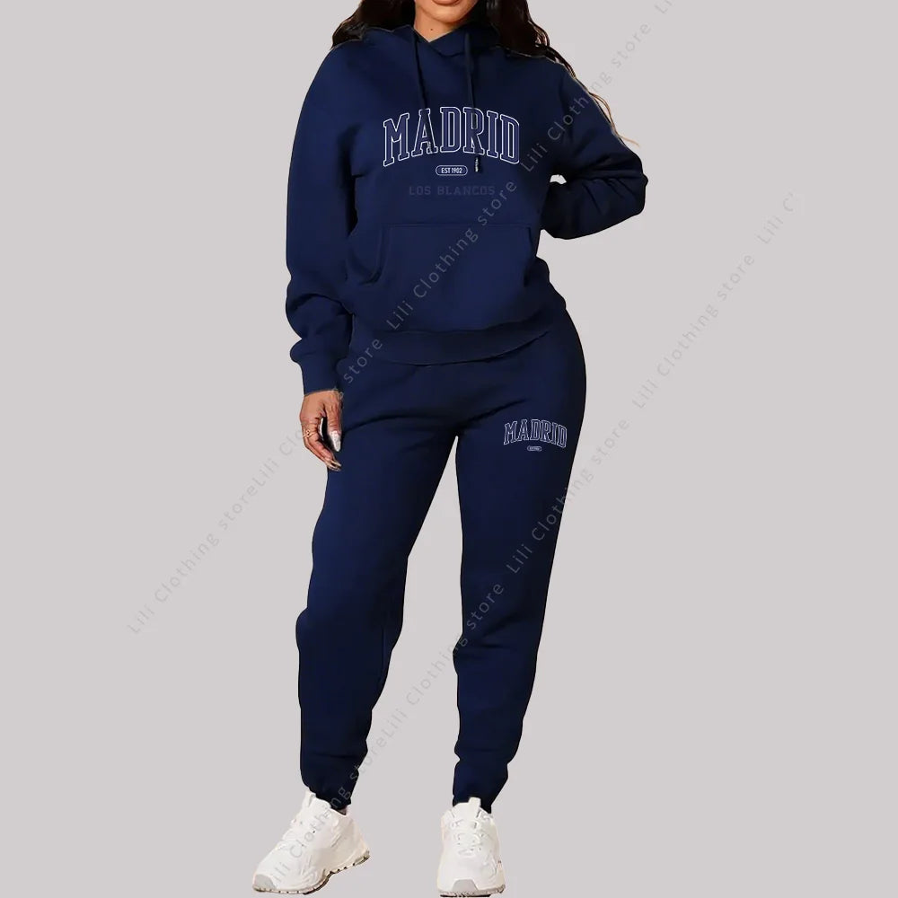 Nuevo chándal para mujer, sudaderas con capucha de otoño e invierno, pantalones de chándal, trajes de 2 piezas, ropa deportiva con estampado de Madrid, conjuntos de pantalones para mujer