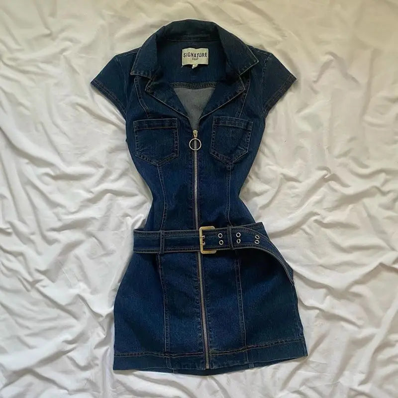 Vestido corto vaquero negro Retro americano para mujer, vestido elegante ajustado de una pieza con cremallera de verano, ropa informal de diseño de moda coreana
