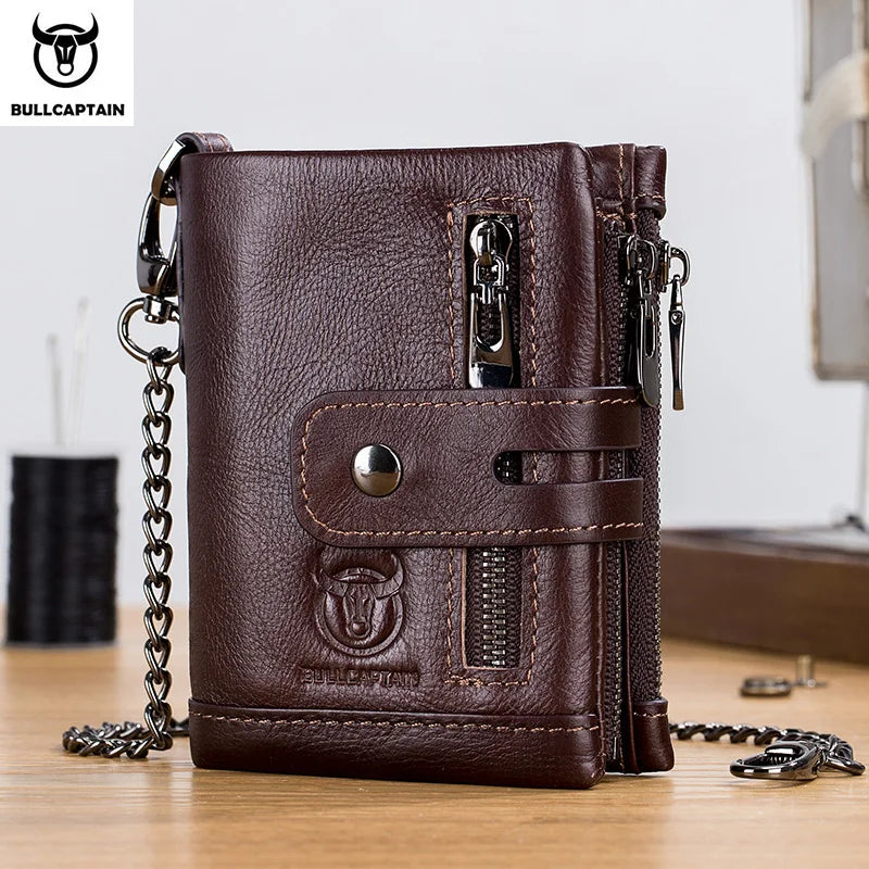 Cartera Bullcaptain de cuero genuino para hombre, monedero de viaje de calidad a la moda, protección Rfid, tarjetero Wollst para hombre con cadena