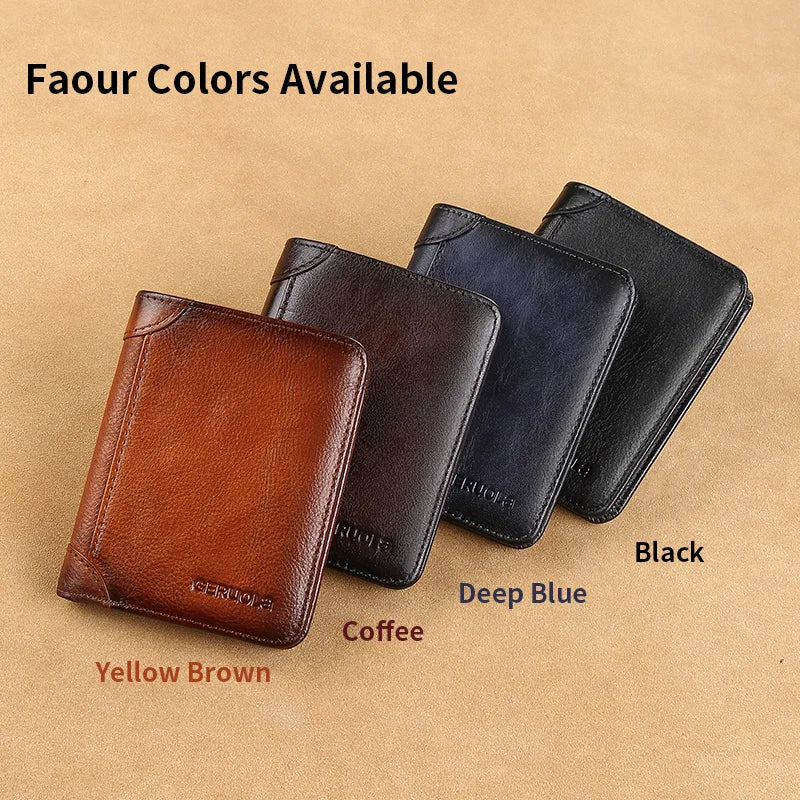 GERUOLA Cartera delgada de cuero genuino con protección RFID para hombre, tarjetero multifuncional para identificación y tarjeta de crédito, color marrón oscuro con adornos