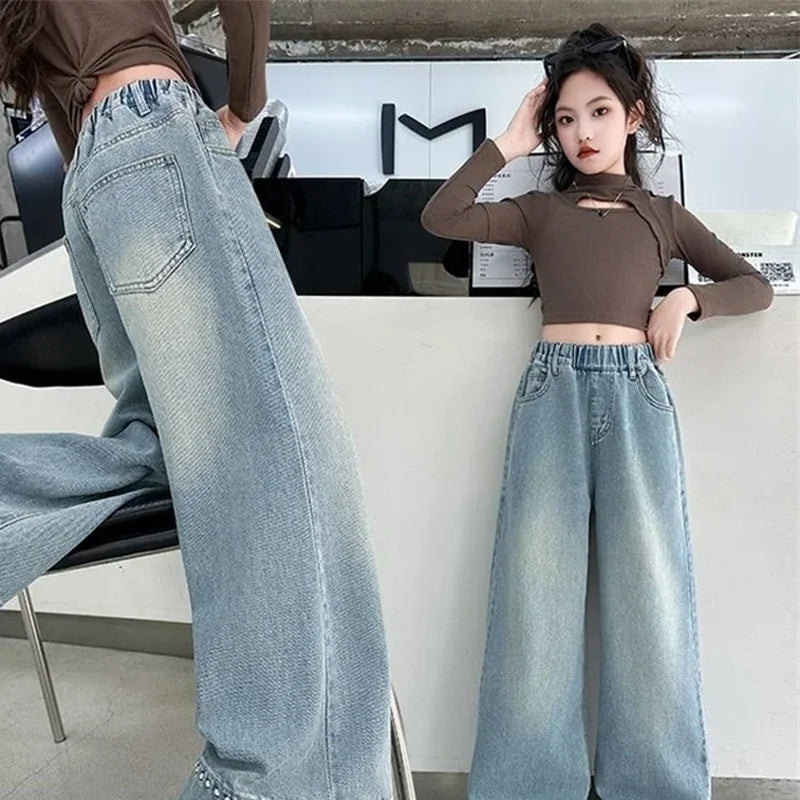 Pantalones vaqueros sueltos para chicas adolescentes, pantalones vaqueros de pierna ancha para primavera y otoño, nuevos pantalones rectos a la moda para niños, ropa informal para adolescentes