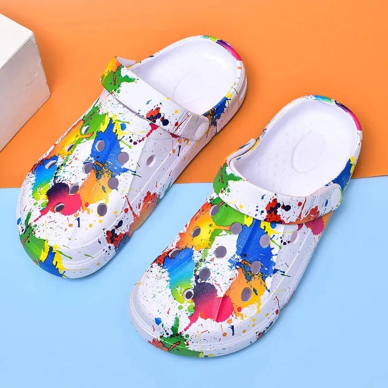 Zuecos coloridos para hombres y mujeres, sandalias, zapatillas, patrón de inyección de tinta, cojín de aire, sandalias de playa transpirables, suela gruesa para exteriores