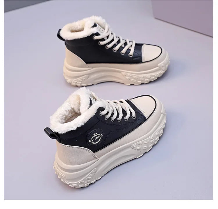 Botas planas de nuevo estilo para mujer, zapatos de algodón cálidos y gruesos con forro polar, zapatos blancos pequeños de alta calidad, Hx-q037, invierno 2023