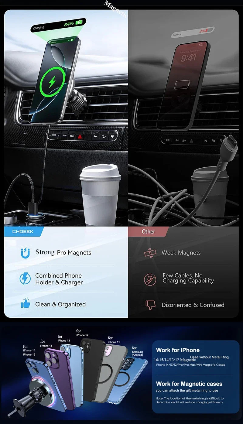 UYUXIO-Adaptador de cargador de teléfono inalámbrico magnético fuerte para coche, soporte de teléfono para salida de aire de 15W para iPhone 16 15 14 13 Pro Max Plus 12
