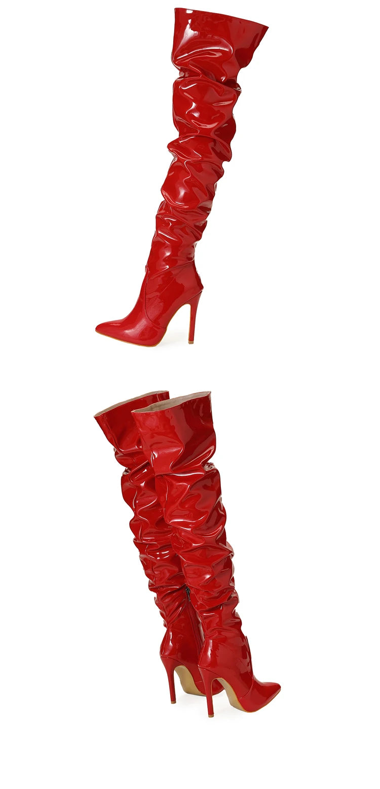 Eilyken-Botas por encima de la rodilla plisadas de charol para mujer, zapatos hasta el muslo con cremallera y punta estrecha, a la moda, alta calidad
