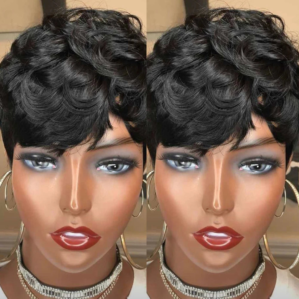 Peluca corta de corte Pixie, cabello humano para mujeres negras, pelucas hechas a máquina con flequillo, peluca corta, pelucas de cabello humano