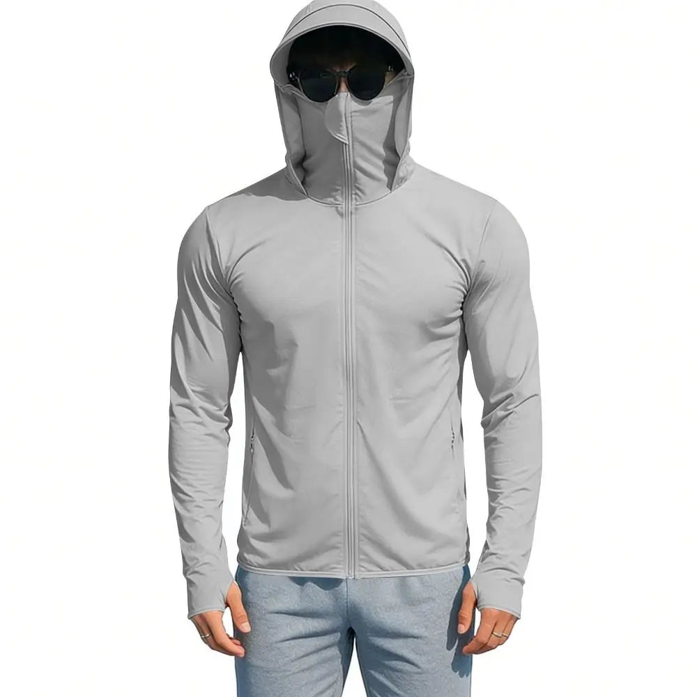 Nueva sudadera con capucha de seda helada para hombre, protección solar, secado rápido, cremallera completa, camisa UV de manga larga con máscara facial, camisa de pesca para hombre
