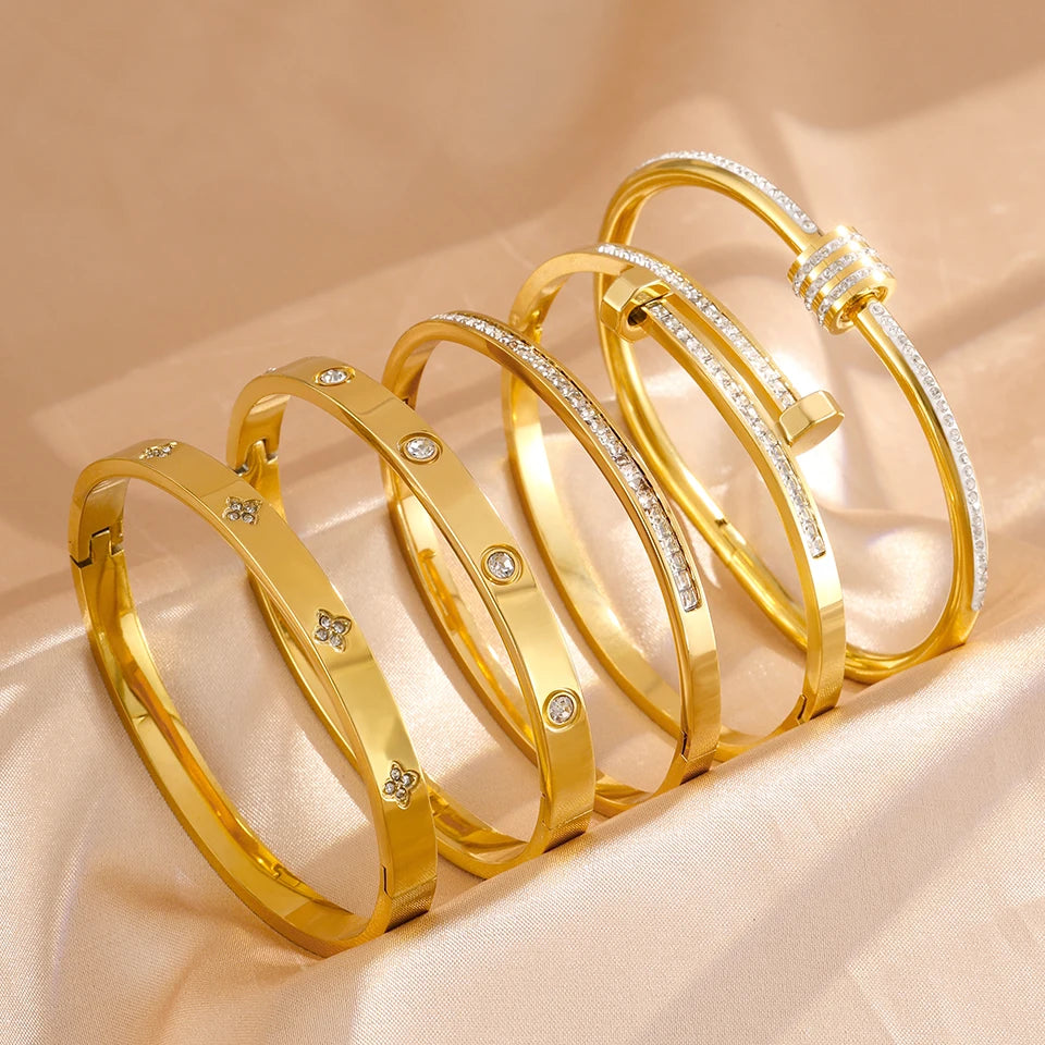 Pulsera apilable de acero de titanio para parejas, brazaletes de acero inoxidable con circonitas brillantes, color dorado, regalo de joyería para mujer