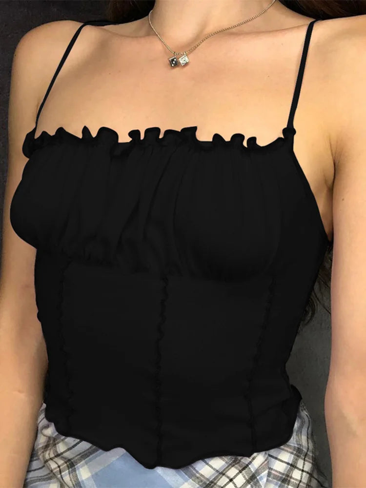 Camiseta sin mangas con volantes para mujer, Top Sexy a la moda para mujer, Top corto ajustado fruncido sin tirantes, camisola, ropa femenina 2022