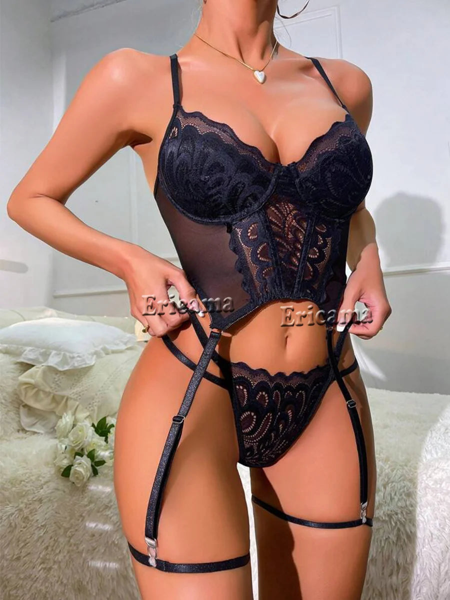 Conjunto de lencería erótica de encaje con decoración de lazo, sujetador íntimo calado con tiras, Tanga y liguero, lencería y ropa interior Sexy para mujer