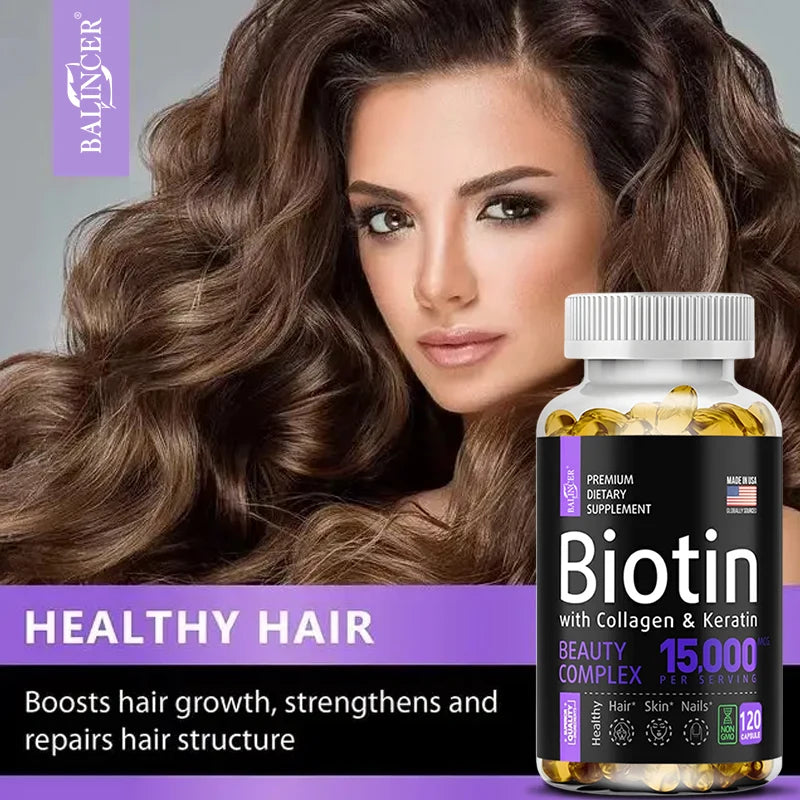 Suplemento de biotina - 15.000 Mcg con colágeno y queratina, vitaminas, cabello brillante, piel y uñas, salud de las articulaciones, 30/60/120 cápsulas