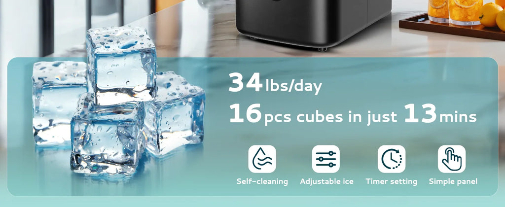 Máquina para Hacer Hielo EUHOMY, Producción de 15 kg/24 h, 16 Cubos/13 Minutos, Función de Autolimpieza, Dispositivo Automático para Hacer Hielo para el Hogar, Cocina y Bar