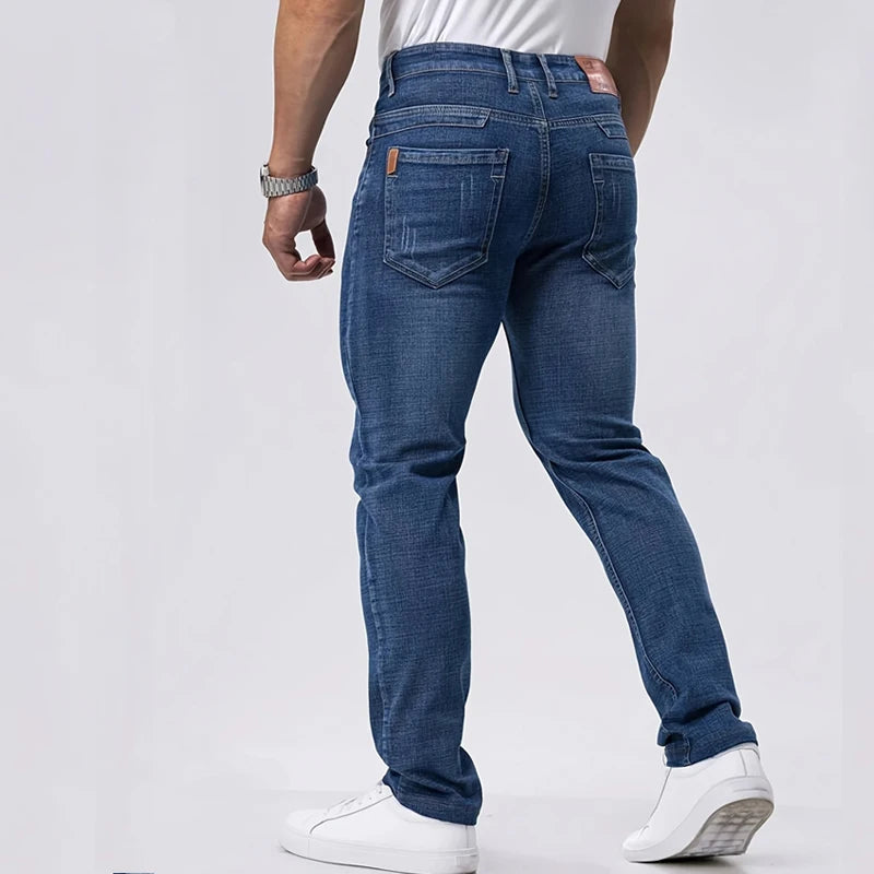 Primavera otoño hombres de negocios Jeans Casual recto estiramiento moda clásico negro cielo azul gris trabajo Denim pantalones marca ropa