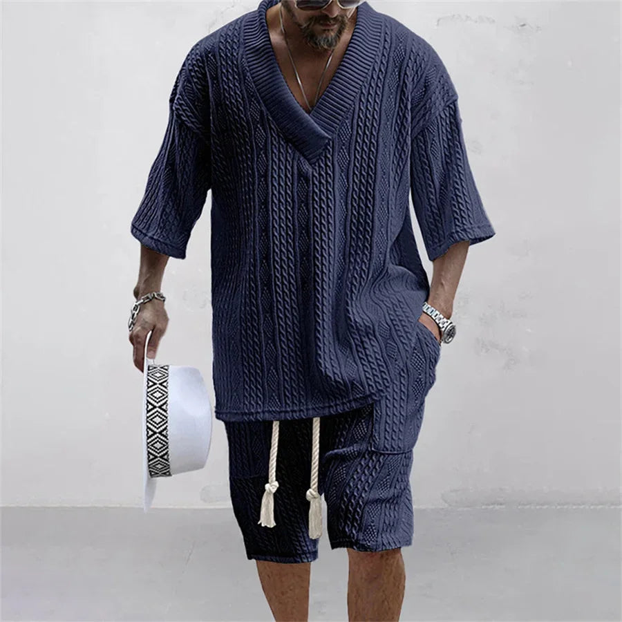 Conjunto de pantalones cortos informales para hombre, camiseta de manga corta con cuello en V y pantalones cortos, ropa de calle de punto, primavera y verano, 2024