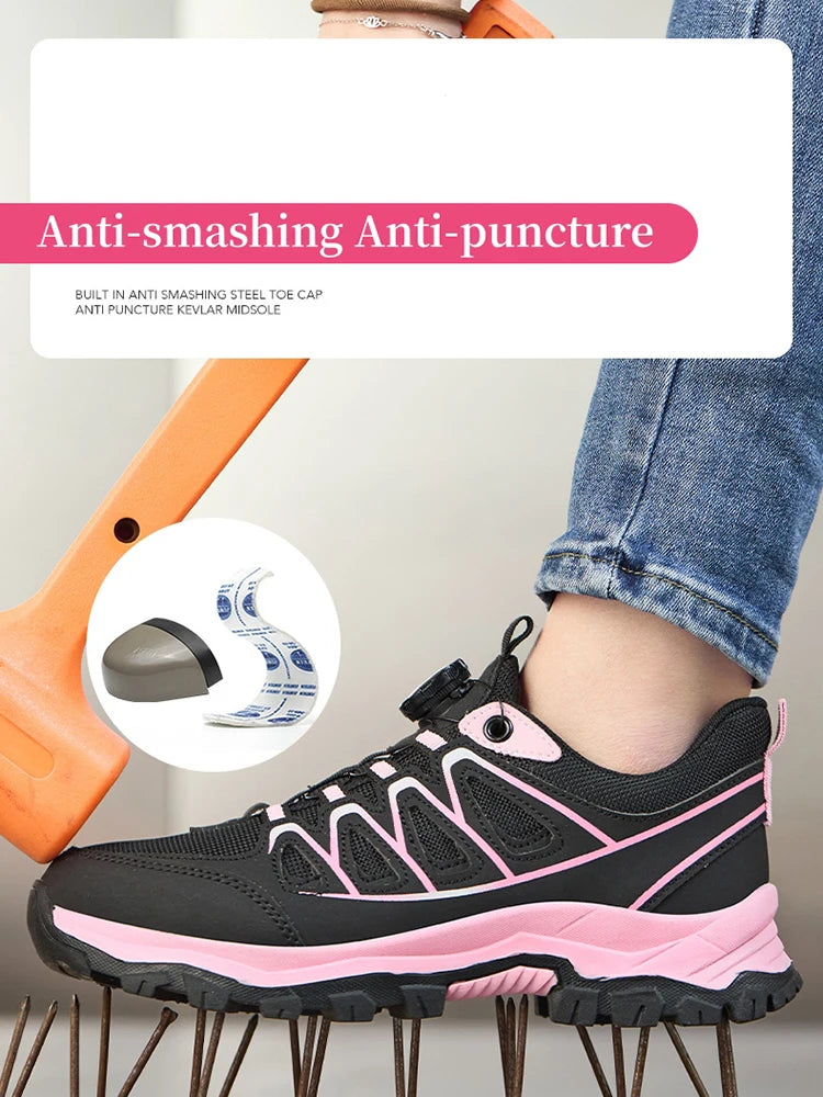 Zapatos de seguridad para el trabajo para mujer, zapatillas de trabajo con punta de acero, botón giratorio, transpirables, antideslizantes, protección a prueba de pinchazos, botas de seguridad rosas