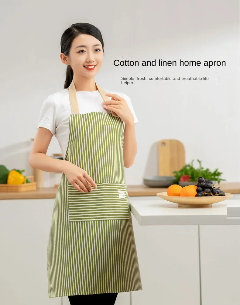 Delantal de lino a rayas para el hogar, sin mangas, cuello colgante, elasticidad ajustable, cocina, jardinería, delantal de estilo japonés nuevo