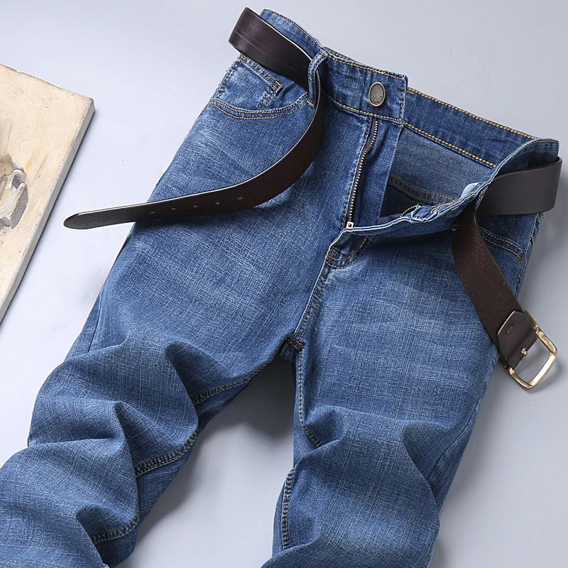 Primavera otoño hombres de negocios Jeans Casual recto estiramiento moda clásico negro cielo azul gris trabajo Denim pantalones marca ropa