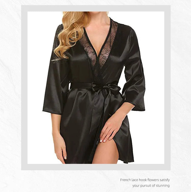Bata de satén de encaje Sexy para mujer, ropa de dormir, camisón corto, Kimono, albornoz, lencería, camisón, vestido suave y cómodo negro de talla grande