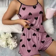 Conjunto de ropa de descanso informal para mujer – Camiseta y pantalones cortos de seda helada con estampado de corazón, pijamas de verano