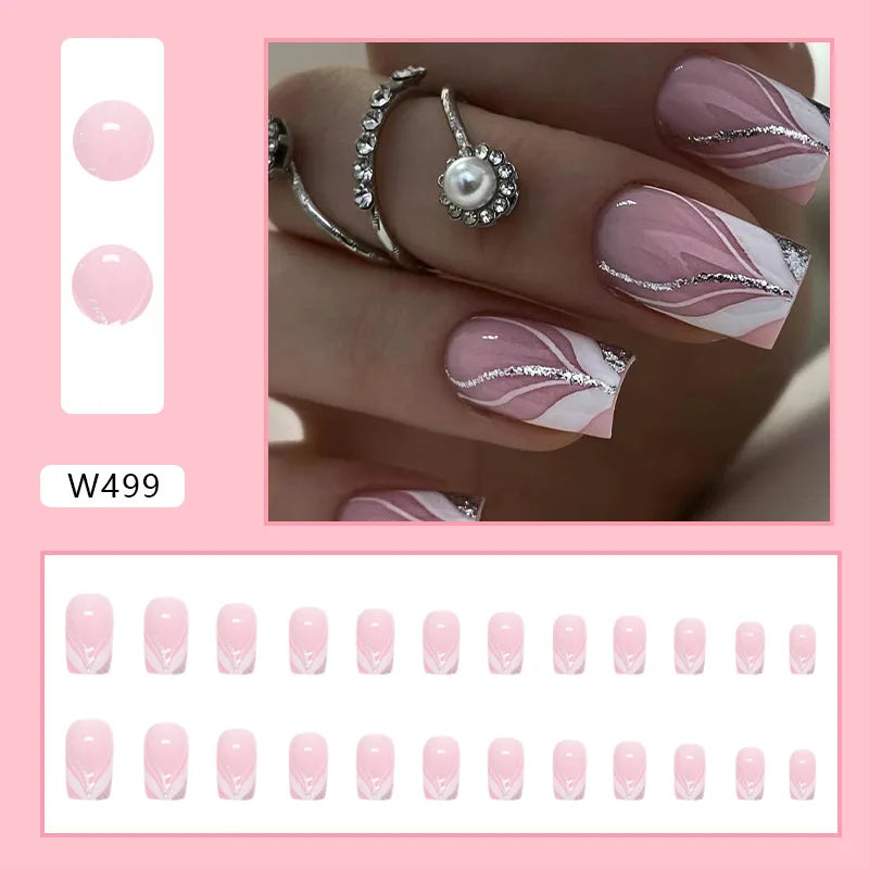 Dulce francés 24 Uds. De uñas postizas degradadas rosas, manicura de dedos artificiales brillantes, uñas postizas reutilizables para mujeres