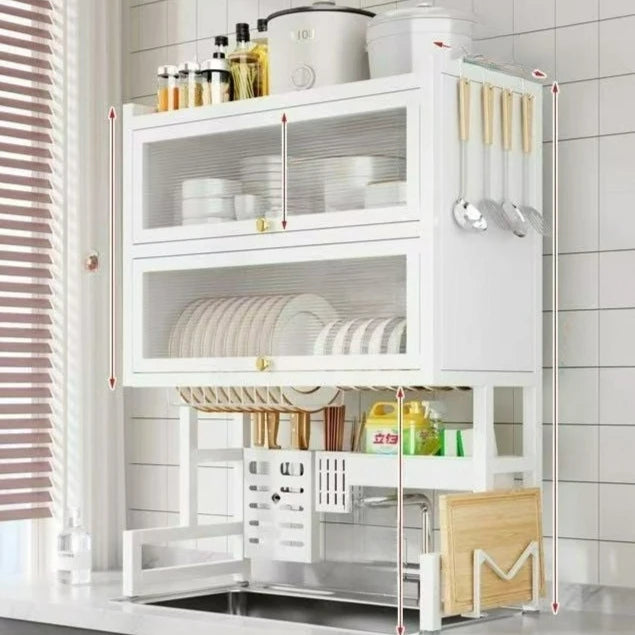 Estante para platos con soporte para utensilios para fregadero, organizador de acero al carbono a prueba de polvo para platos/cuchos/tableros de corte |     Cocina espacial