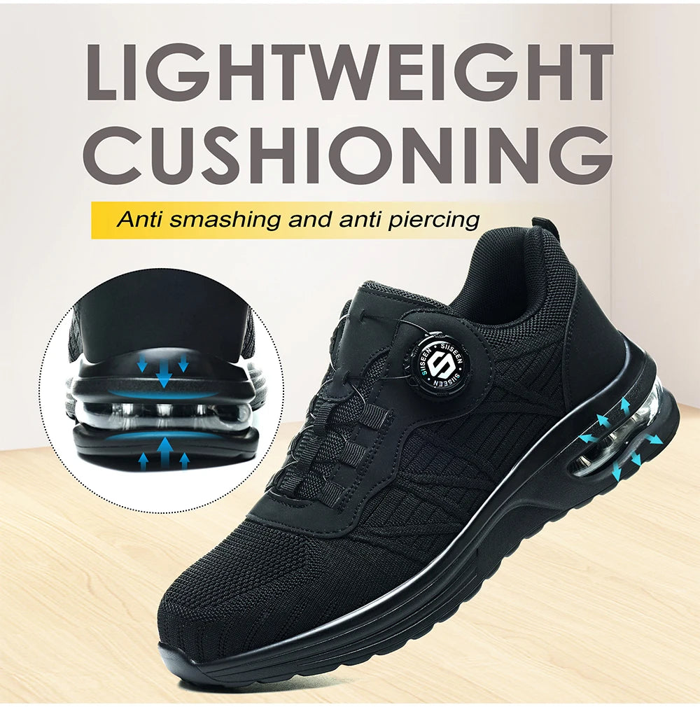 Nuevos zapatos de seguridad con hebilla giratoria para hombre, botas de trabajo ligeras antiimpacto y antiperforación, diseño deportivo de moda para exteriores profesionales