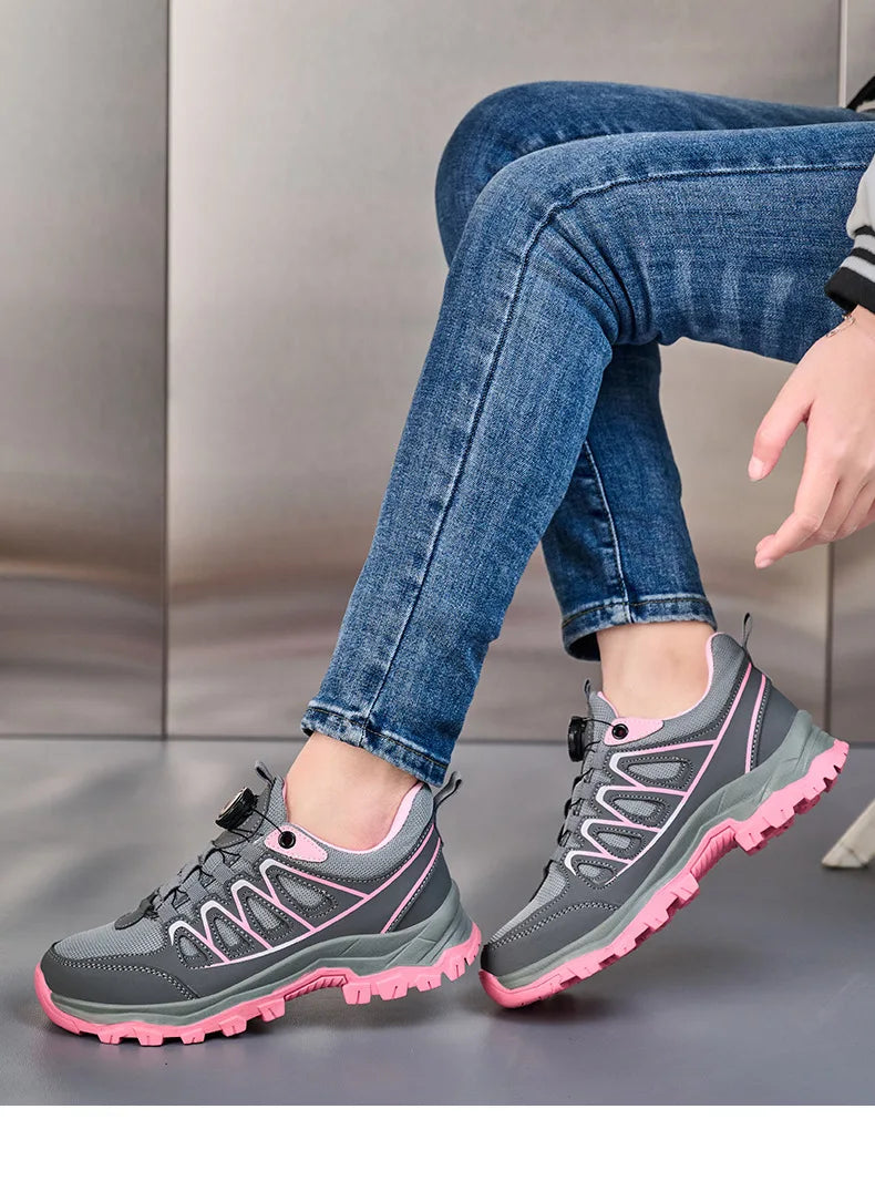 Zapatos de seguridad para el trabajo para mujer, zapatillas de trabajo con punta de acero, botón giratorio, transpirables, antideslizantes, protección a prueba de pinchazos, botas de seguridad rosas