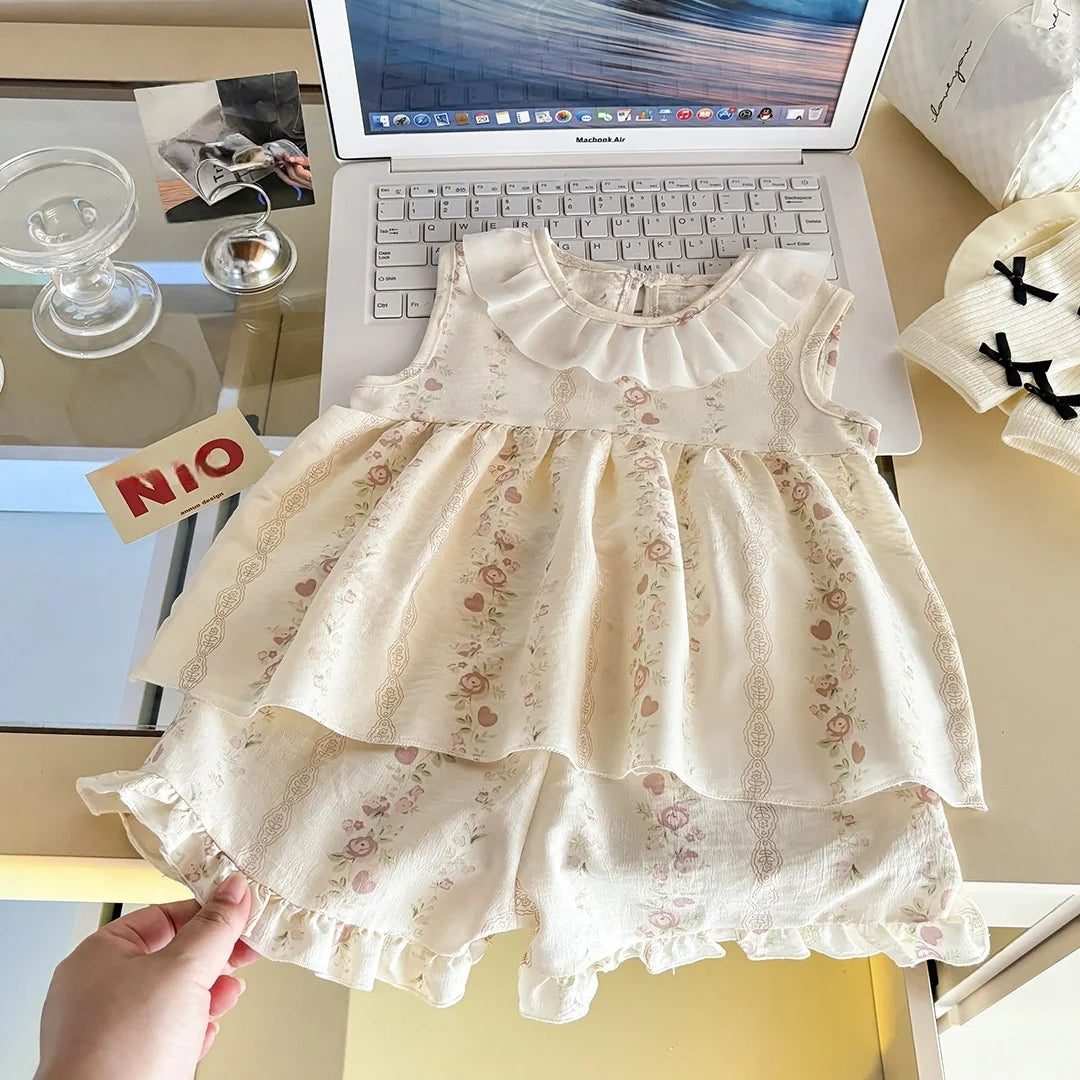 Conjunto de Ropa Infantil de 2 Piezas con Estampado Completo para Niñas de 1 a 10 Años, Verano 2026, Sin Mangas, Tela Suave y Transpirable, Diseño Lindo, Ropa para el Hogar