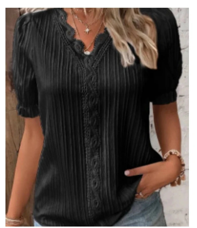 Camiseta nueva de verano para mujer, camiseta Sexy lisa con cuello en V, camisa de manga corta hueca, blusa de talla grande con empalme a la moda, ropa de calle holgada
