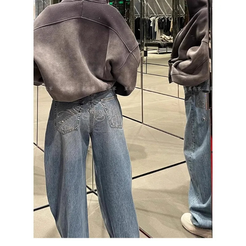 Pantalones vaqueros holgados de pierna ancha para mujer, pantalones informales, diseño Retro Vintage, estilo americano, moda de gran tamaño desgastada elegante