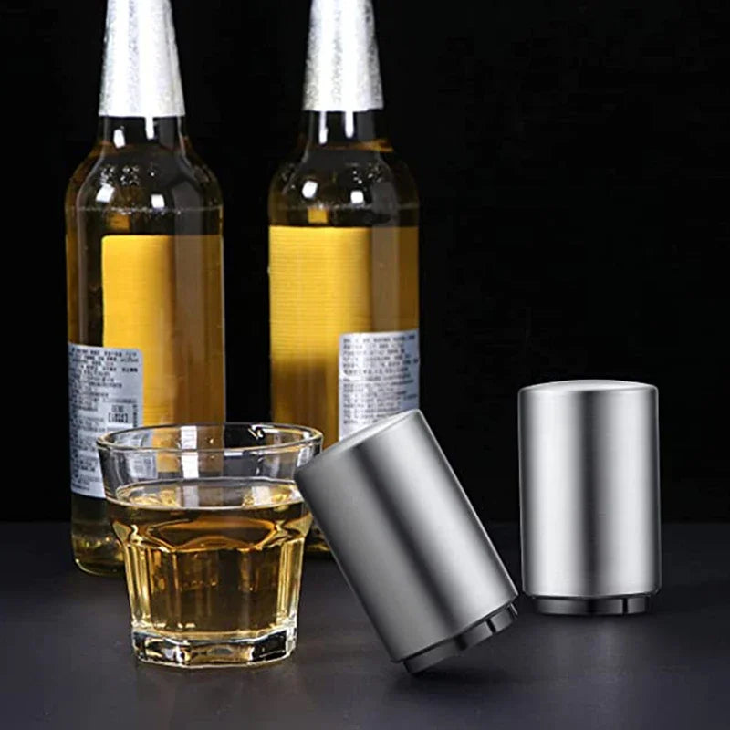 Abridor automático de botellas de cerveza de acero inoxidable, tapa de empuje sin curvatura, fácil de abrir para botellas de vidrio de cerveza y refresco, abridor de cocina