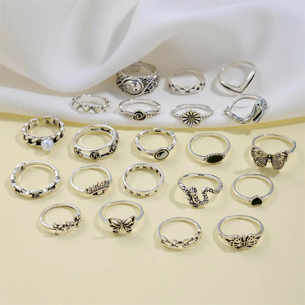 21 unids/set Punk gótico mariposa serpiente corazón anillos conjunto para Mujeres Hombres Vintage plateado geométrico anillos de dedo joyería de fiesta