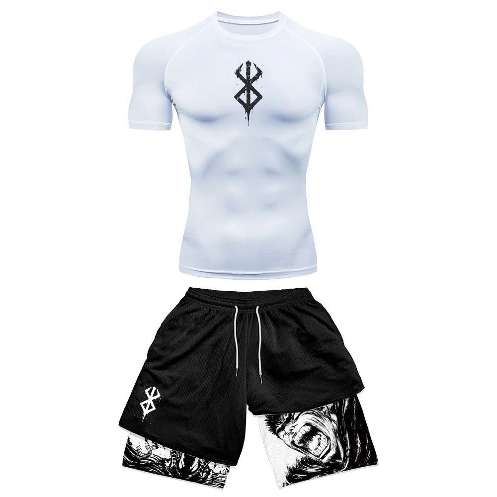 Conjunto de compresión con estampado 3D de Anime para hombre, Top de gimnasio de manga corta + pantalones cortos de entrenamiento, conjunto de protección contra sarpullidos transpirable de secado rápido