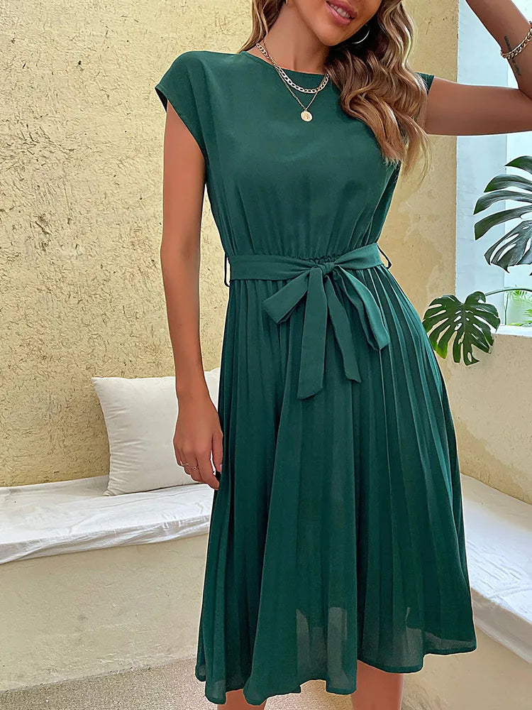 Vestido Midi plisado de manga corta para mujer, Túnica de cuello redondo, elegante, informal, Verano
