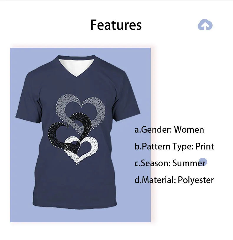 Camiseta con cuello en V para mujer, camiseta de manga corta con estampado 3D, camiseta informal holgada en blanco y negro, ropa de calle a la moda, jersey para mujer