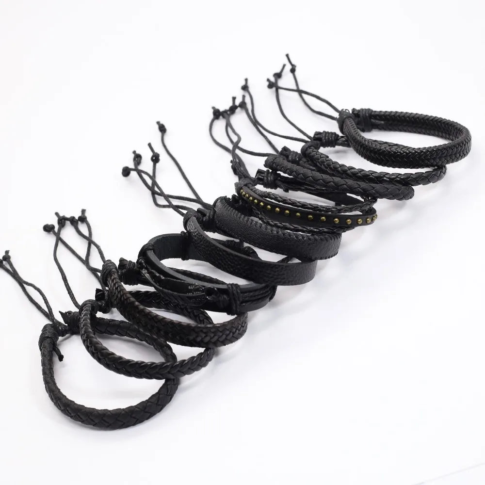 Juego de 10 Pulseras de Cuero Trenzado Negras, Hechas a Mano, para Hombre y Mujer, Pulseras de Moda, Joyería al por Mayor, Regalo