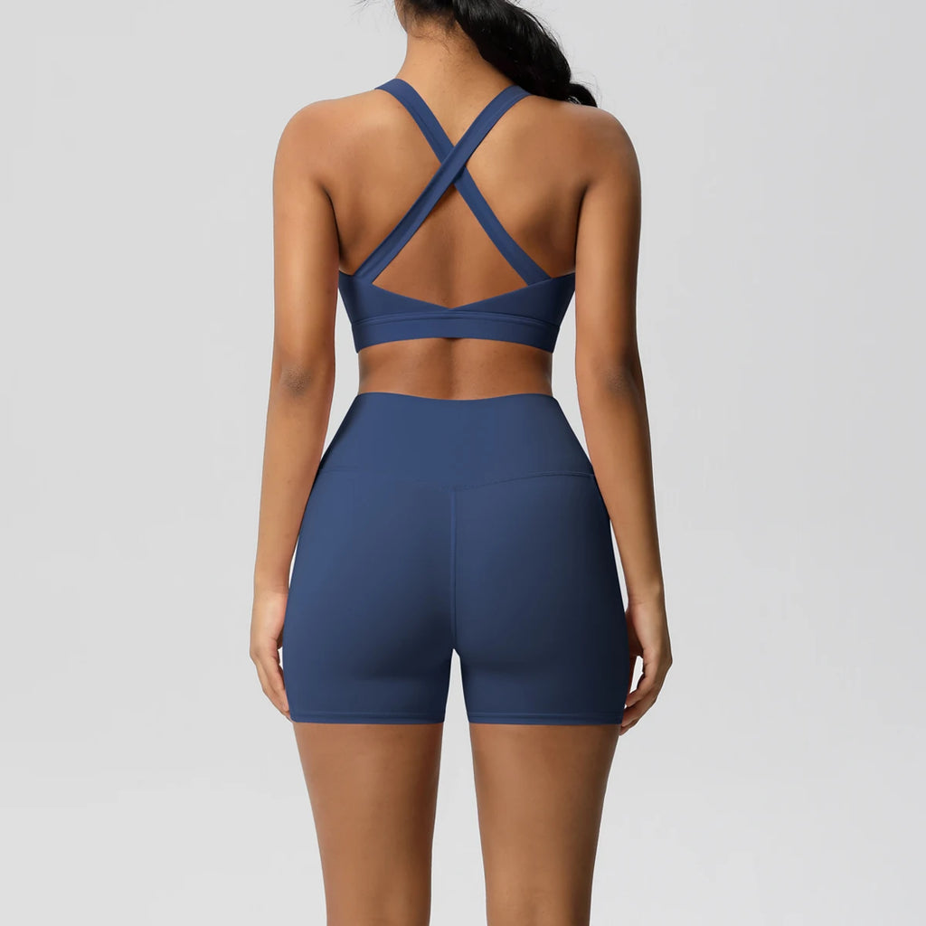 Ropa deportiva con bolsillo para mujer, conjunto de Yoga, ropa de gimnasio, trajes de Yoga para mujer, chándales, pantalones cortos deportivos, sujetador cruzado, mallas de gimnasio, 2 uds.