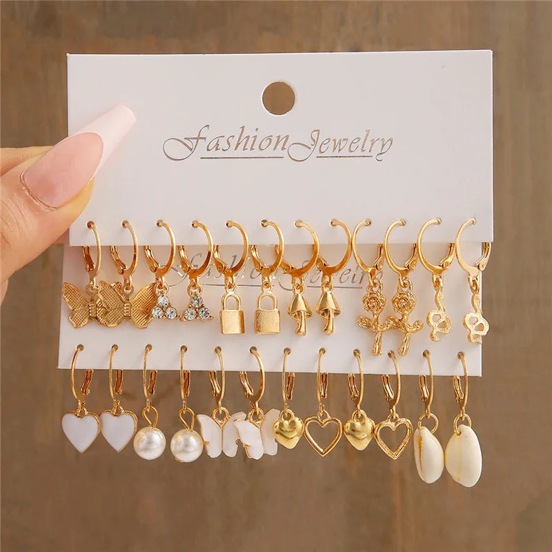 Conjunto de pendientes de aro bohemios de círculo grande para mujer, pendiente de perla Vintage bohemio de Color dorado, pendientes de circonita con forma de corazón, regalos de joyería