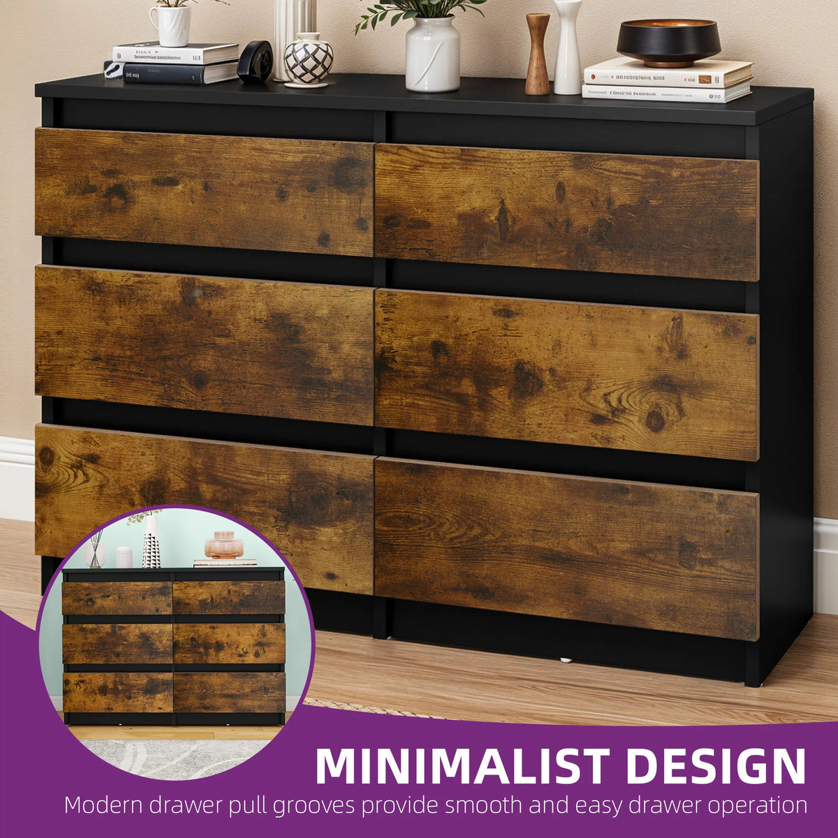 YITAHOME Cómoda de 6 cajones: moderna unidad de almacenamiento para dormitorio de 100x30x70 cm, MDF duradero y aglomerado para ropa y elementos esenciales