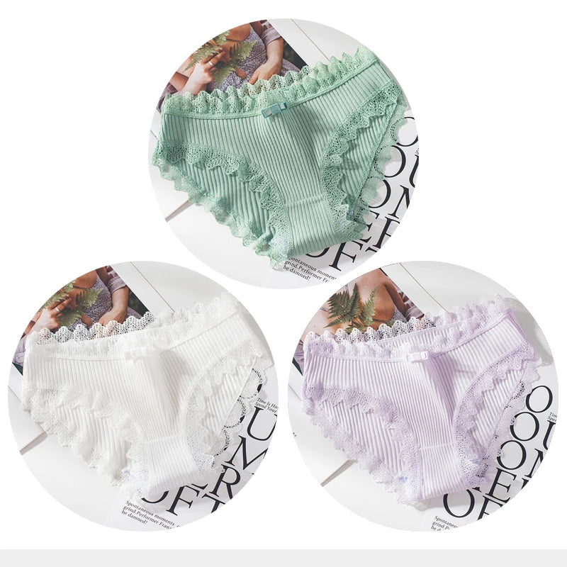 Bragas de algodón para mujer, bragas de encaje sexis, bragas de Color sólido para niñas, juego de ropa interior, ropa interior, Dropshipping 3 unids/lote