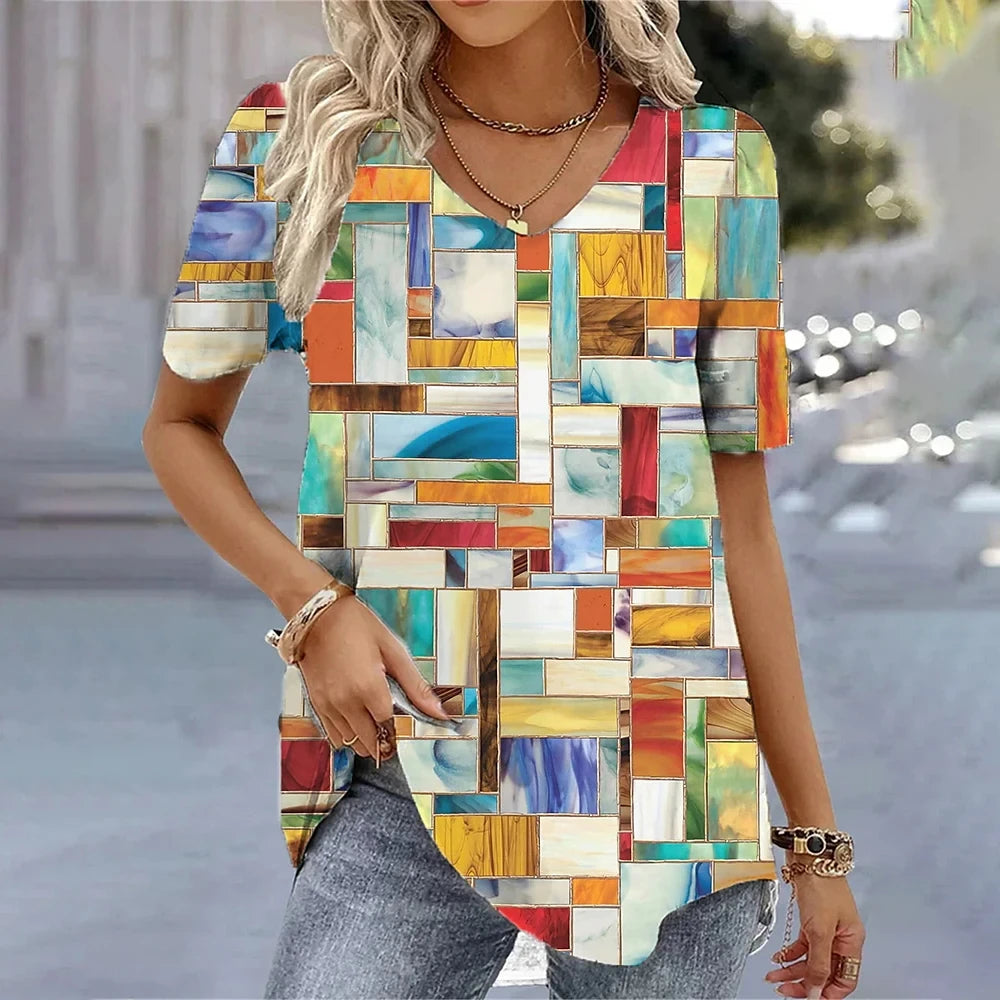 Camiseta con cuello en V para mujer, camiseta de manga corta con estampado 3D, camiseta informal holgada en blanco y negro, ropa de calle a la moda, jersey para mujer