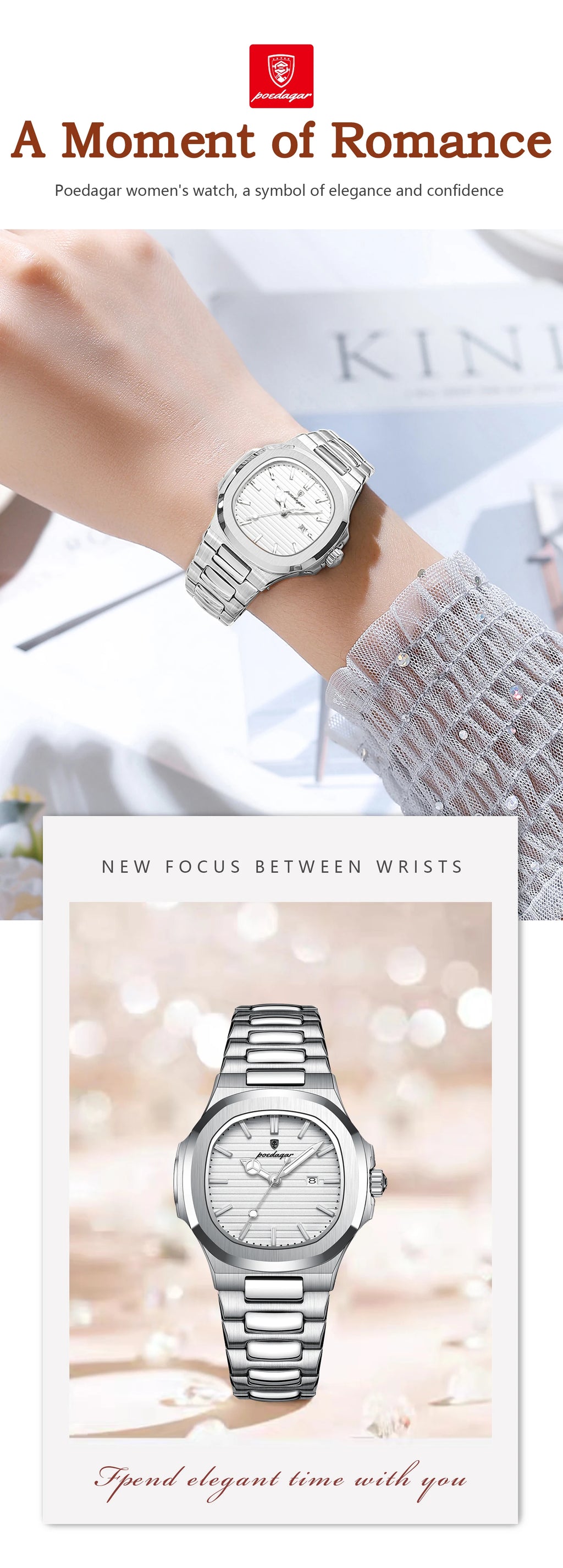POEDAGAR, reloj de pulsera exquisito para mujer, resistente al agua, fecha luminosa, relojes de moda para mujer, reloj de cuarzo de acero inoxidable para mujer