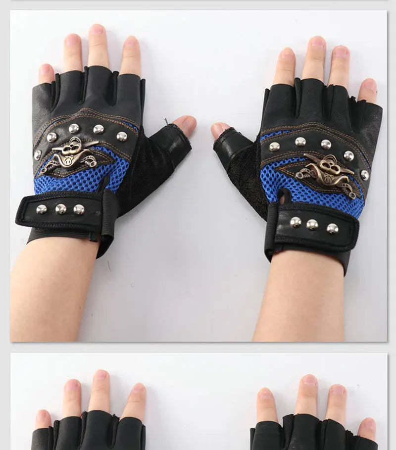 Guantes sin dedos de cuero PU de capitán pirata para hombre y mujer, manoplas con remaches de calaveras, guantes de gimnasio de Hip Hop, guantes de medio dedo para Moto femenina