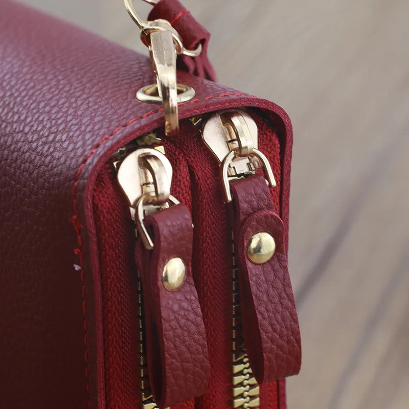 Cartera larga con doble cremallera para mujer, tarjetero de gran capacidad de cuero PU, bolso de mano con bolsillo para teléfono