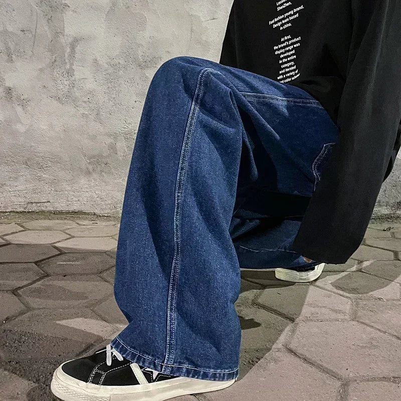 Ropa de calle de estilo coreano, nueva moda, pantalones vaqueros informales holgados para hombre, pantalones vaqueros Harajuku de calle alta, pantalones de marca para hombre, negro, gris y azul